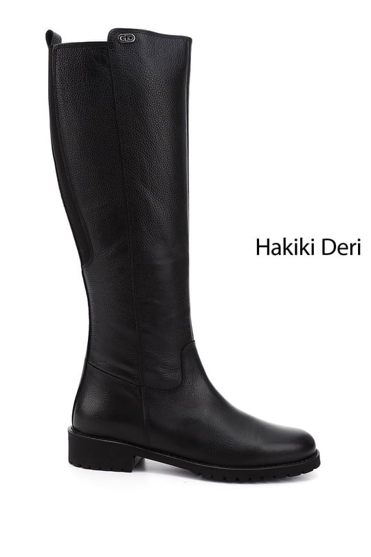 Kadın Siyah Floter Fermuarlı Kauçuk Taban Hakiki Deri Çizme