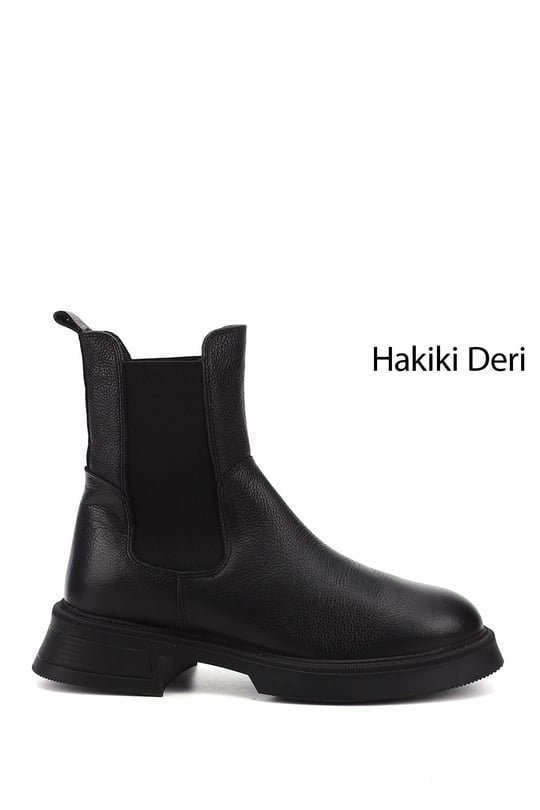 Kadın Siyah Floter Kalın Taban Hakiki Deri Chelsea Bot