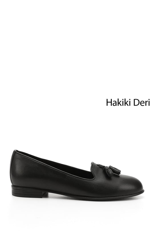 Kadın Siyah Hakiki Deri Püsküllü Babet