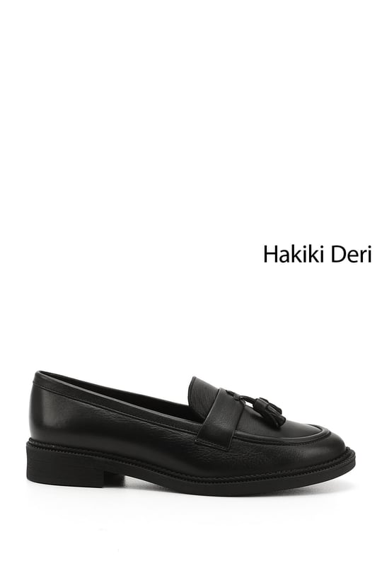 Womens Black Genuine Leather Tassel Loafer Shoes