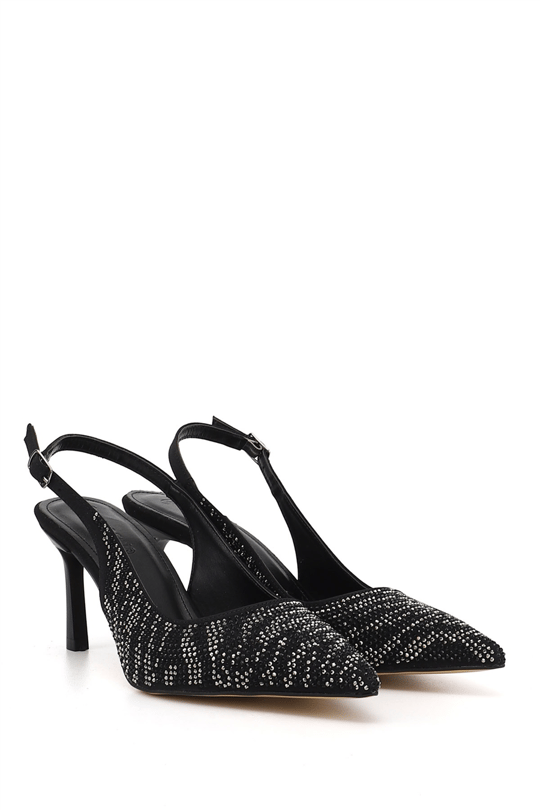 Womens Black Pointed Toe Glass Heel Open Back Shoes