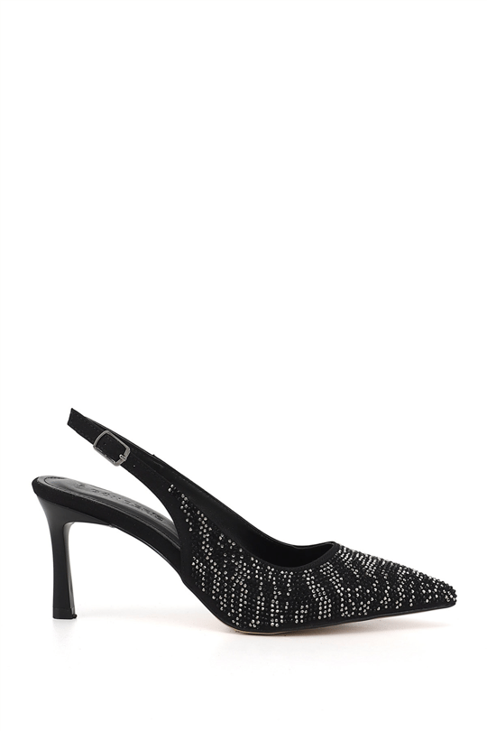 Womens Black Pointed Toe Glass Heel Open Back Shoes