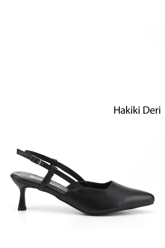 Kadın Siyah İnce Topuklu Arkası Açık Hakiki Deri Ayakkabı