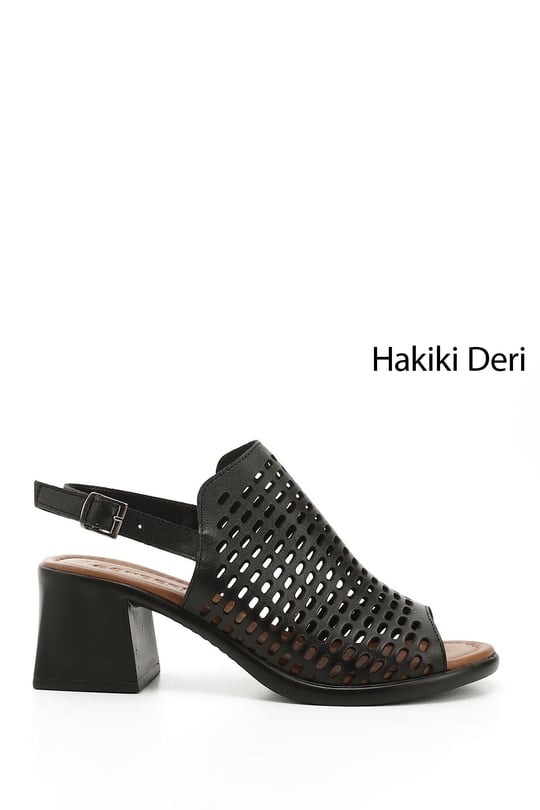 Kadın Siyah Kalın Topuklu Hakiki Deri Sandalet