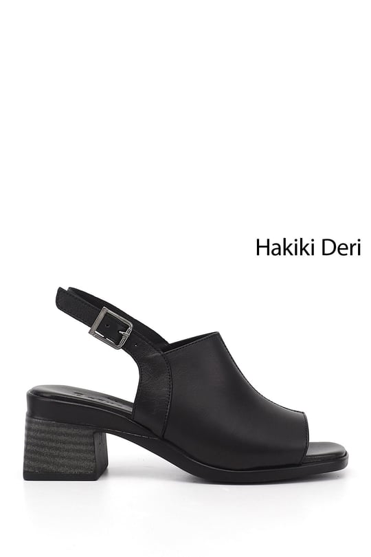 Kadın Siyah Kalın Topuklu Hakiki Deri Sandalet
