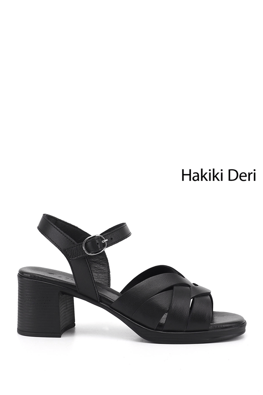 Kadın Siyah Kalın Topuklu Hakiki Deri Sandalet