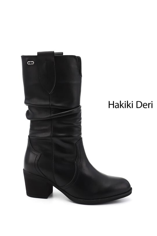 Womens Black Thick Heeled Genuine Leather Boots