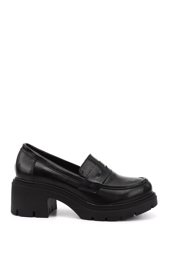 Womens Black Thick Heeled Loafer Shoes