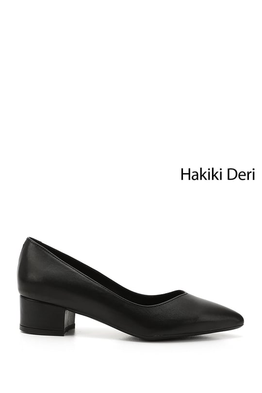 Kadın Siyah Kısa Kalın Topuklu Hakiki Deri Ayakkabı