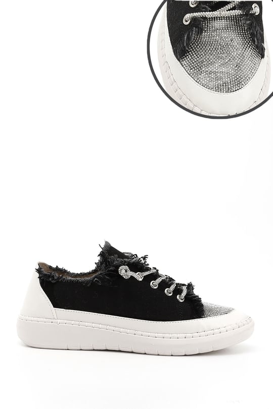 Kadın Siyah Kot Triko Taşlı Comfort Dolgu Taban Sneaker