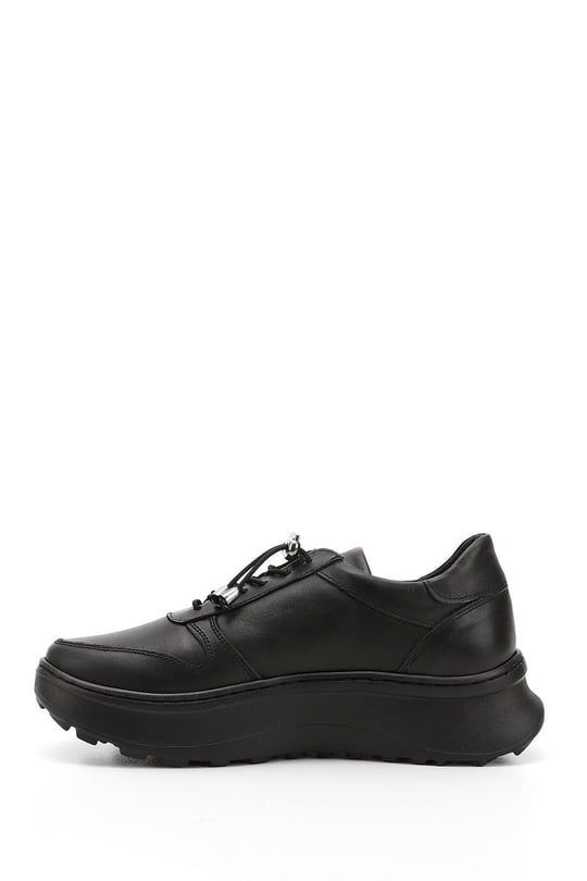 Kadın Siyah Lastik Bağcıklı Comfort Dolgu Taban Hakiki Deri Sneaker