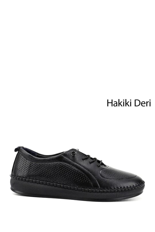 Kadın Siyah Lastik Bağcıklı Hakiki Deri Comfort Ayakkabı
