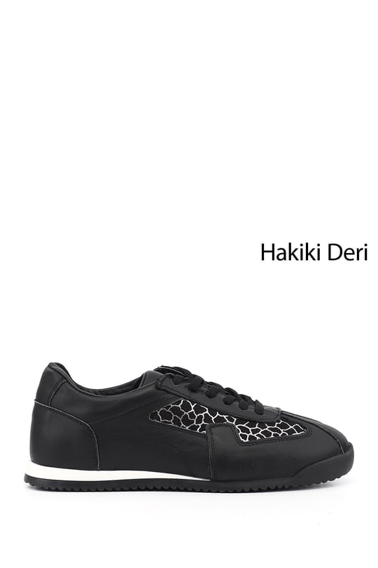 Kadın Siyah Lastik Bağcıklı Hakiki Deri Sneaker