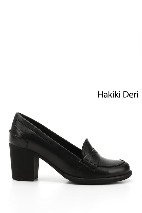 Womens Black Medium Thick Heeled Genuine Leather Shoes