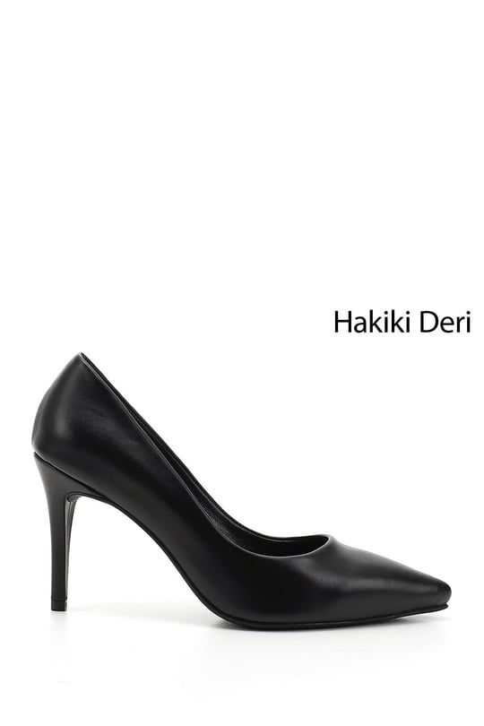 Kadın Siyah Platinum Sivri Burun İnce Topuklu Hakiki Deri Stiletto
