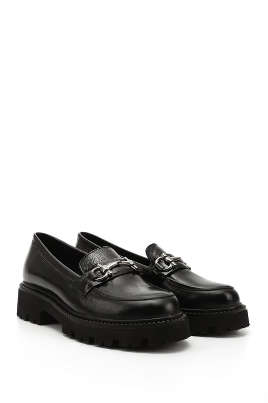Womens Black Patent Leather Buckled Genuine Leather Loafer Shoes