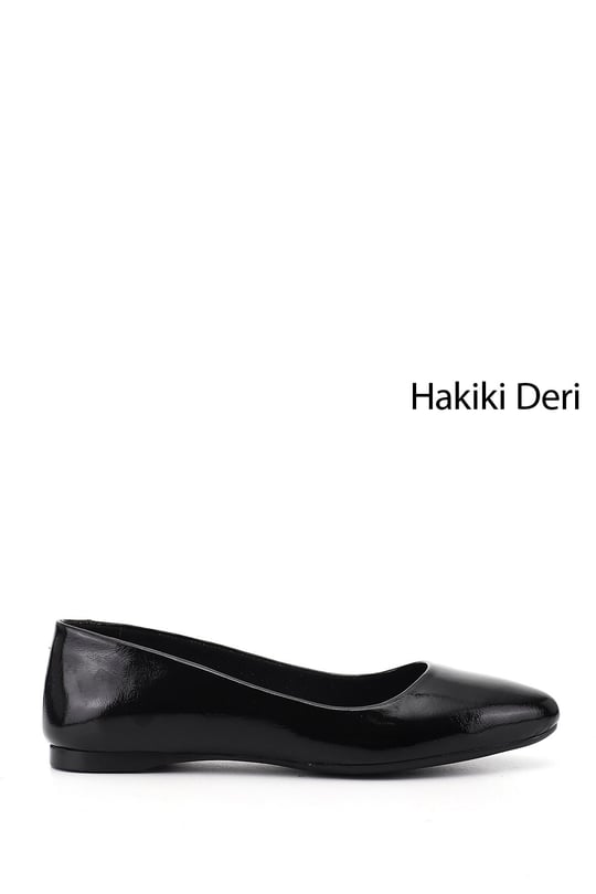 Kadın Siyah Rugan Sivri Burun Düz Taban Hakiki Deri Babet
