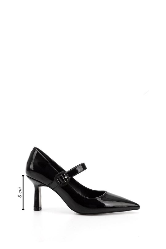 Kadın Siyah Rugan Sivri Burun Kadeh Ökçe Mary Jane Ayakkabı