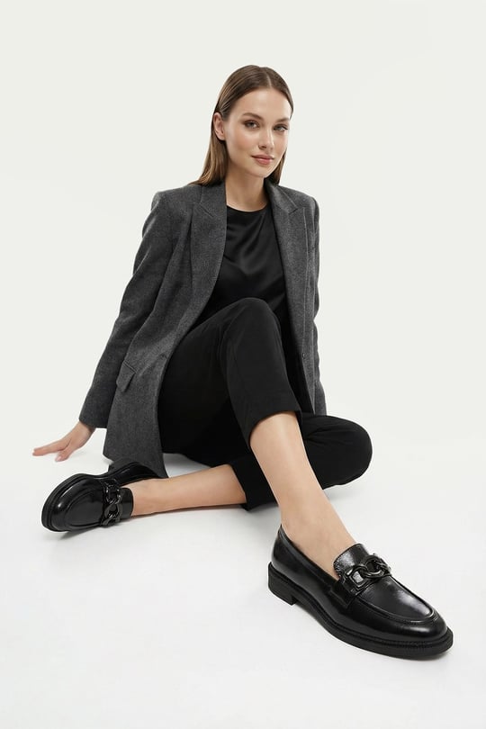 Womens Black Patent Leather Buckled Genuine Leather Loafer Shoes