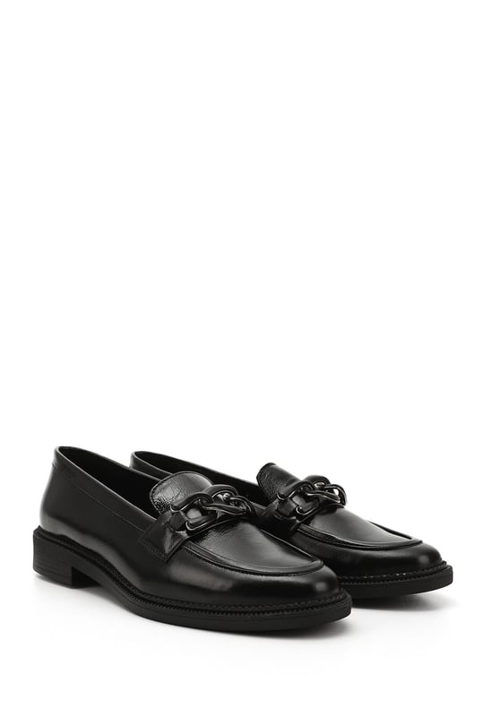 Womens Black Patent Leather Buckled Genuine Leather Loafer Shoes