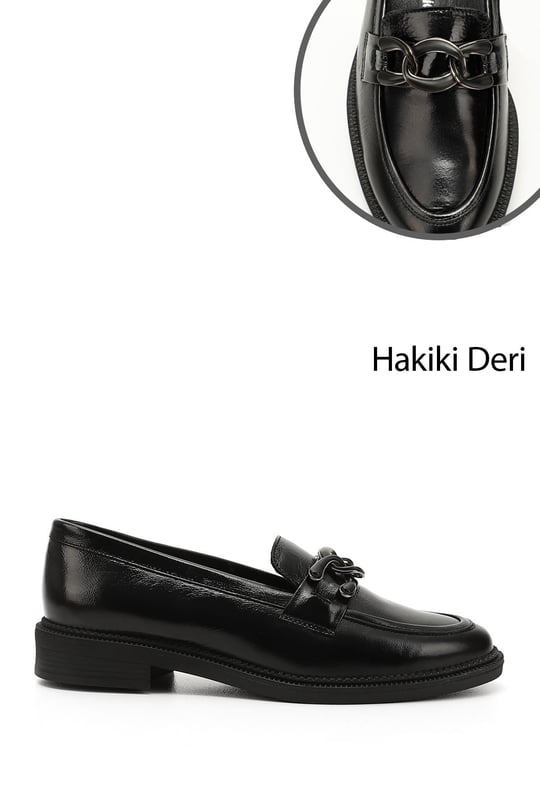 Womens Black Patent Leather Buckled Genuine Leather Loafer Shoes