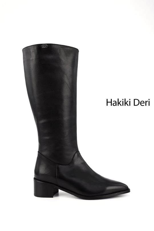 Kadın Siyah Sivri Burun Kalın Topuklu Hakiki Deri Çizme