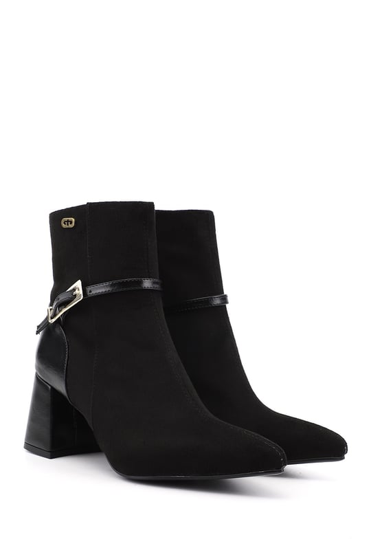 Womens Black Suede Zip-Up Chunky Heel Boots