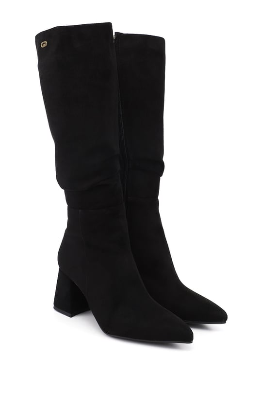 Womens Black Suede Zip-Up Chunky Heel Boots