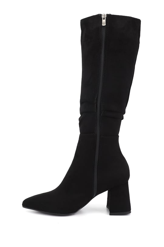 Womens Black Suede Zip-Up Chunky Heel Boots