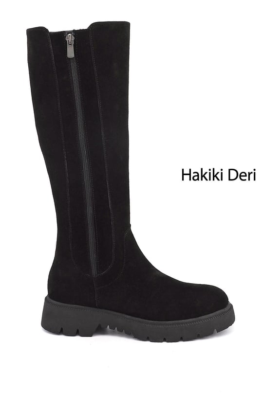 Kadın Siyah Süet Fermuarlı Kauçuk Taban Hakiki Deri Çizme