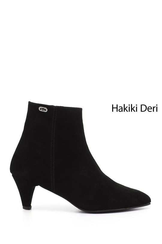 Kadın Siyah Süet Fermuarlı Sivri Burun Hakiki Deri Bot