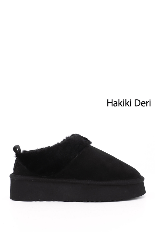 Kadın Siyah Süet W Tazz Kalın Tabanlı Hakiki Deri Kürklü Terlik