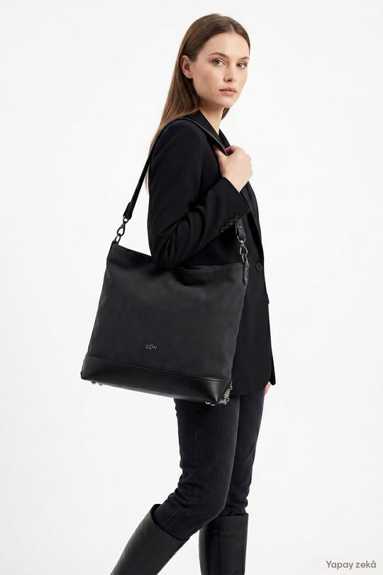 Womens Black Suede Black Long Strap Hand and Shoulder Bag