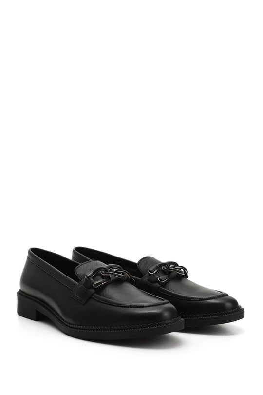 Womens Black Buckled Genuine Leather Loafer Shoes