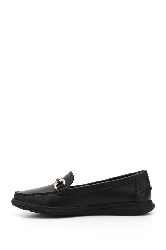 Womens Black Buckled Rock Genuine Leather Comfort Loafer