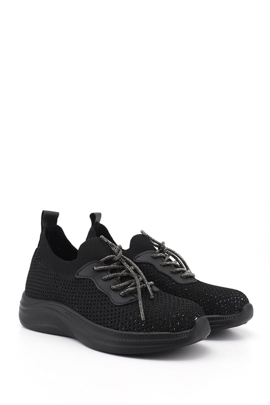 Kadın Siyah Triko Bağcıklı Memory Foam Tabanlıklı Comfort Sneaker