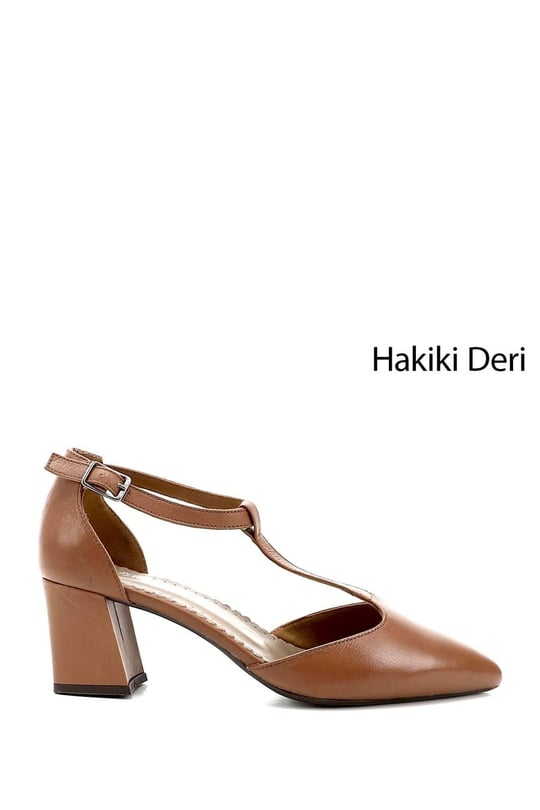 Kadın Taba Antik Bilekten Bağlı Orta Topuklu Hakiki Deri Ayakkabı