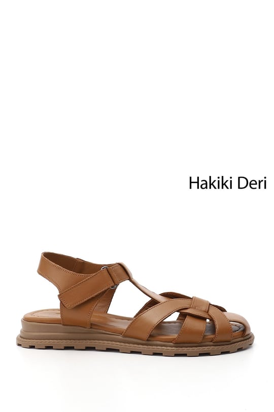 Womens Tan Antique Velcro Closed Toe Genuine Leather Sandals
