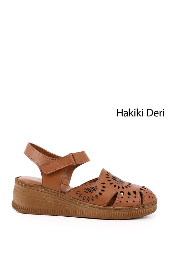 Kadın Taba Antik Cırt Bantlı Dolgu Topuk Hakiki Deri Sandalet
