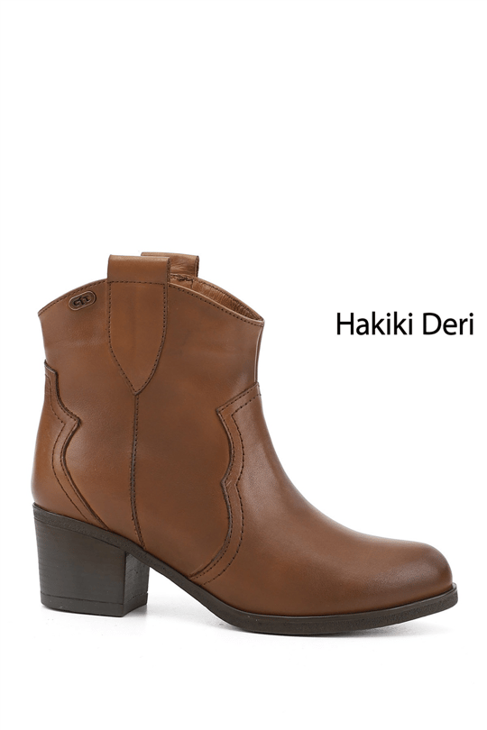 Kadın Taba Antik Kalın Topuklu Hakiki Deri Kovboy Bot