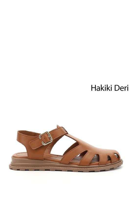 Kadın Taba Antik Tokalı Burnu Kapalı Hakiki Deri Sandalet