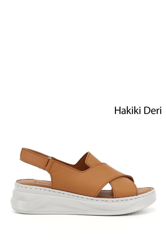 Kadın Taba Cırt Bantlı Dolgu Topuk Hakiki Deri Comfort Sandalet