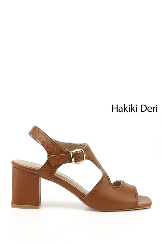 Kadın Taba Kalın Topuklu Arkası Açık Hakiki Deri Sandalet
