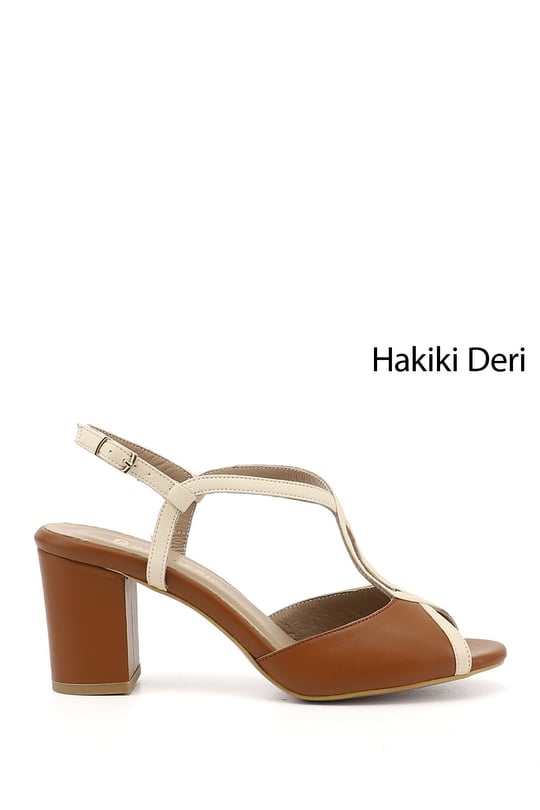 Kadın Taba Kalın Topuklu Arkası Açık Hakiki Deri Sandalet