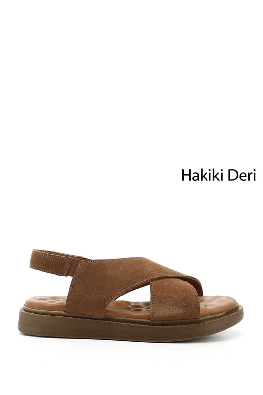 Kadın Taba Süet Çapraz Bantlı Dolgu Taban Hakiki Deri Comfort Sandalet