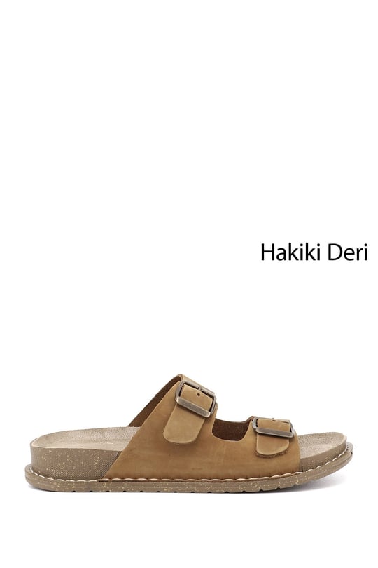 Kadın Taba Süet Çift Tokalı Hakiki Deri Terlik
