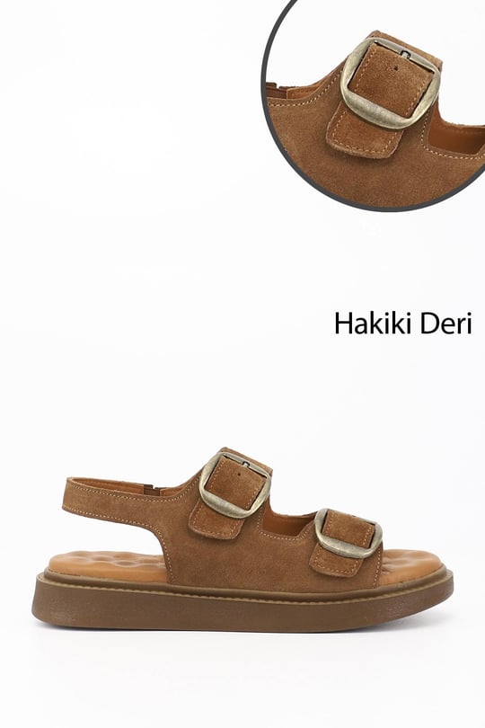 Kadın Taba Süet Cırtlı Tokalı Dolgu Taban Hakiki Deri Comfort Sandalet