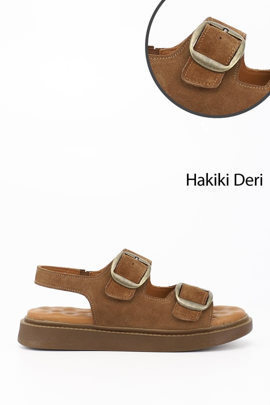 Kadın Taba Süet Cırtlı Tokalı Dolgu Taban Hakiki Deri Comfort Sandalet