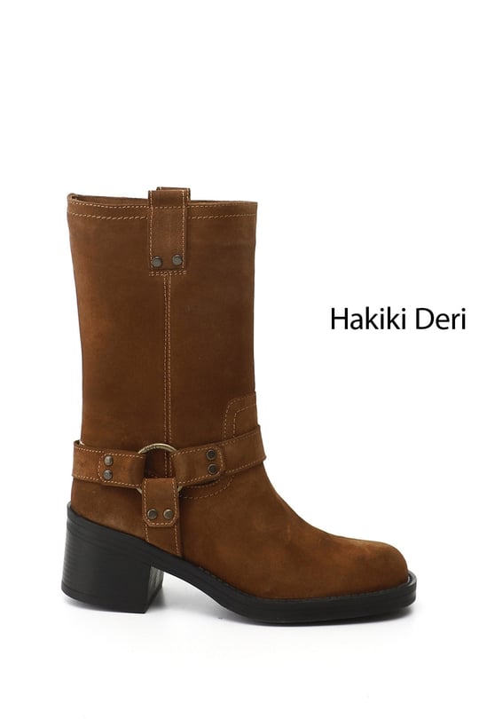 Kadın Taba Süet Kalın Topuklu Hakiki Deri Çizme