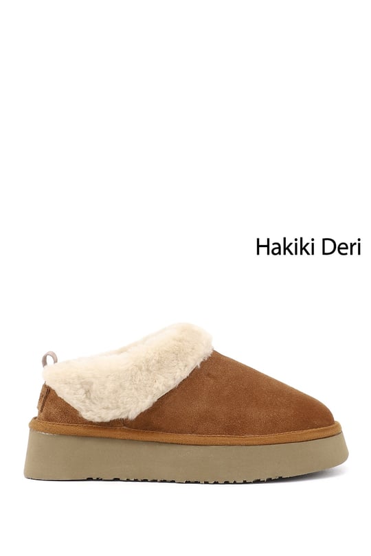 Kadın Taba Süet W Tazz Kalın Tabanlı Hakiki Deri Kürklü Terlik
